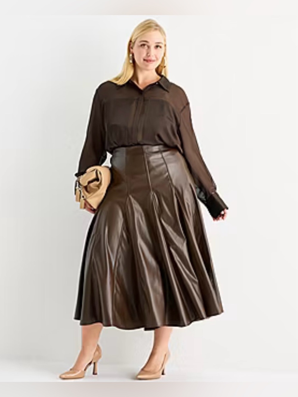 Worthington|Faux Leather A-Line Pleated Midi Skirt in Chocolate Brown•NWT,Large